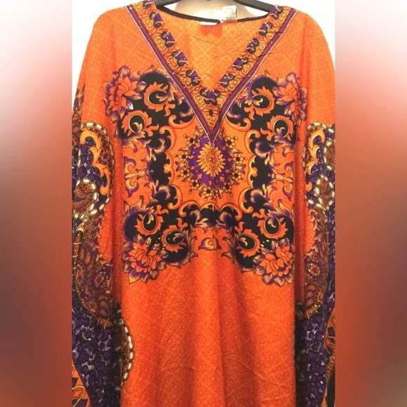 Vibrant Orange, White ,Black and Purple Kaftan - Picture 8 of 9